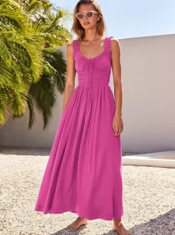 Cream V Neck Ruffled Strap Maxi Dress For Women Elegant Summer Style