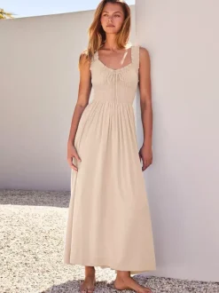 Cream V Neck Ruffled Strap Maxi Dress For Women Elegant Summer Style