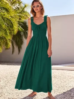 Cream V Neck Ruffled Strap Maxi Dress For Women Elegant Summer Style