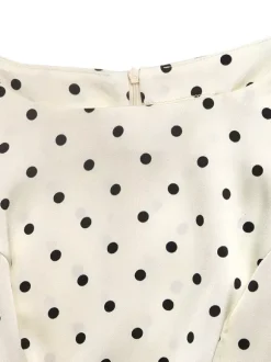 Cream White Black Dot Square Neck Fitted Waist Ruffle Hem Satin Top