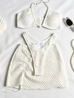 Cream White Textured 3 Piece Bikini Set Halter Tie Top High Cut Thong Skirt Cover Up Beach Swimwear