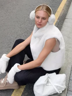Cream White Two Tone Faux Fur Sleeveless Coat Full Zip High Neck Warm Vest