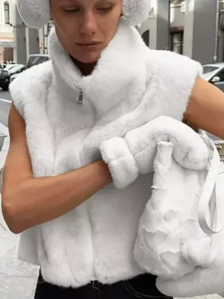 Cream White Two Tone Faux Fur Sleeveless Coat Full Zip High Neck Warm Vest