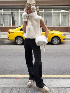 Cream White Two Tone Faux Fur Sleeveless Coat Full Zip High Neck Warm Vest