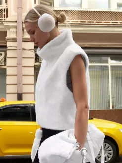 Cream White Two Tone Faux Fur Sleeveless Coat Full Zip High Neck Warm Vest