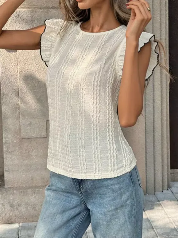Cream White Vertical Rib Knit Flutter Sleeve Back Cutout Bow Blouse