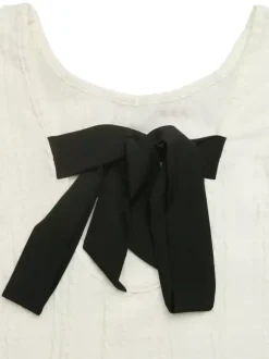 Cream White Vertical Rib Knit Flutter Sleeve Back Cutout Bow Blouse