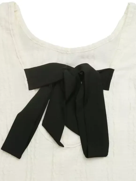 Cream White Vertical Rib Knit Flutter Sleeve Back Cutout Bow Blouse