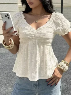 Cream White V Neck Shirred Bust Smocked Flared Hem Summer Top