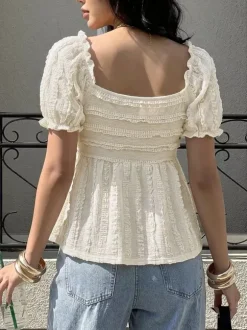 Cream White V Neck Shirred Bust Smocked Flared Hem Summer Top