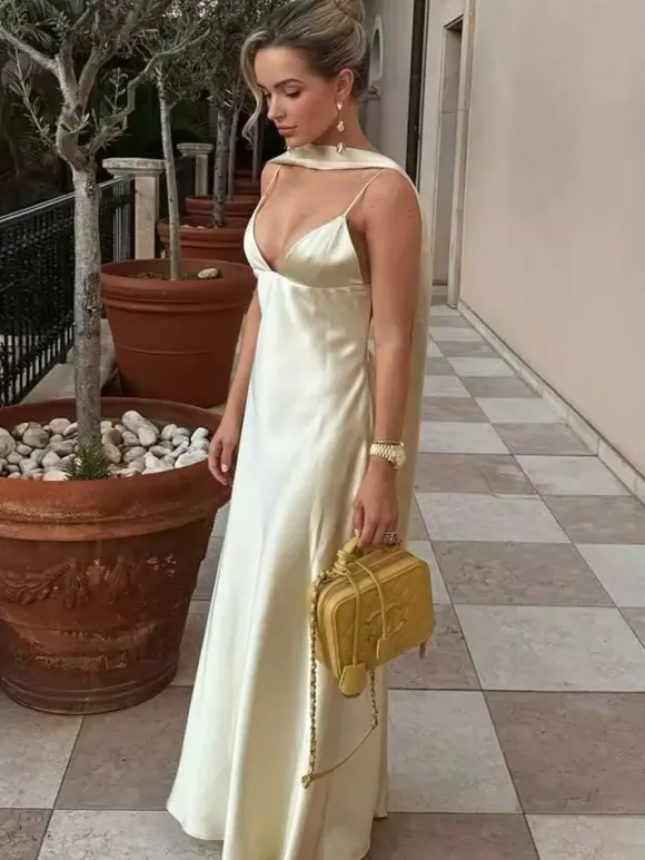 Creamy White Halter Neck Satin Maxi Dress For Women Elegant Formal Style