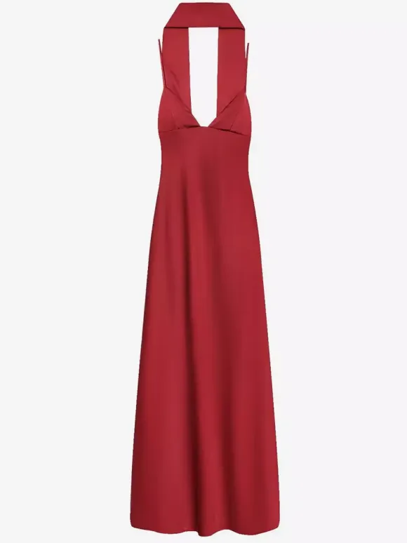 Creamy White Halter Neck Satin Maxi Dress For Women Elegant Formal Style
