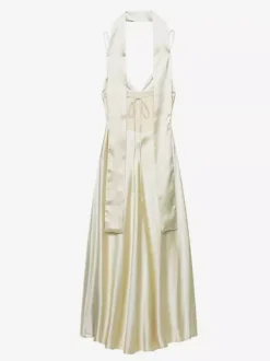 Creamy White Halter Neck Satin Maxi Dress For Women Elegant Formal Style
