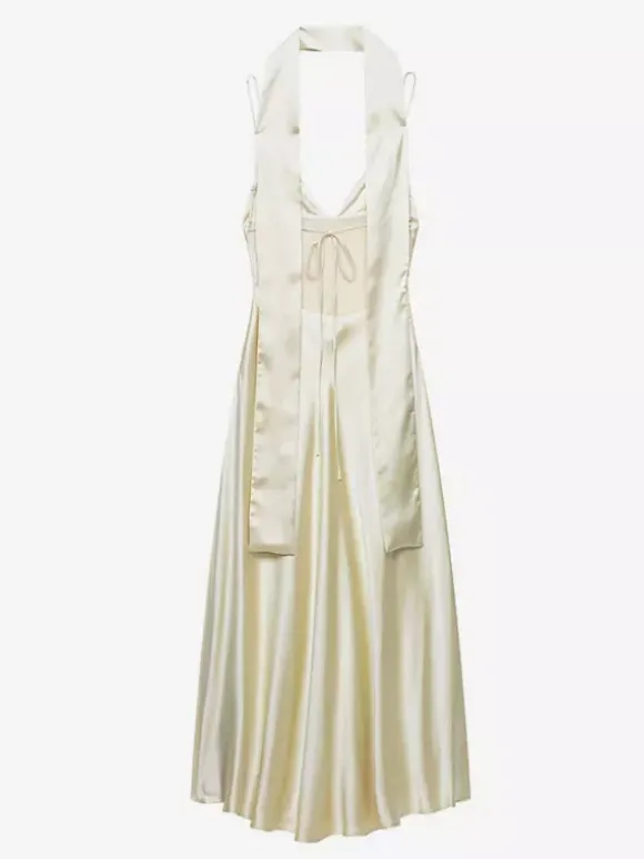 Creamy White Halter Neck Satin Maxi Dress For Women Elegant Formal Style