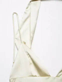 Creamy White Halter Neck Satin Maxi Dress For Women Elegant Formal Style