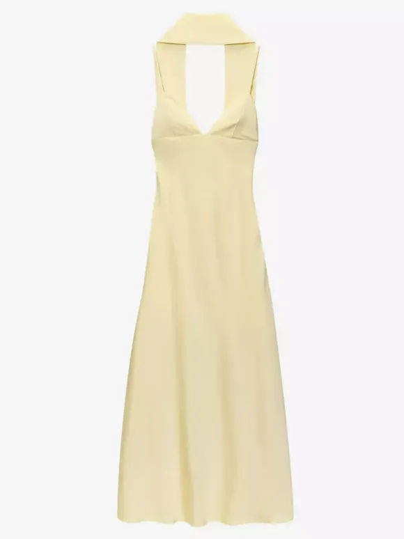 Creamy White Halter Neck Satin Maxi Dress For Women Elegant Formal Style