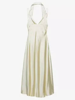 Creamy White Halter Neck Satin Maxi Dress For Women Elegant Formal Style
