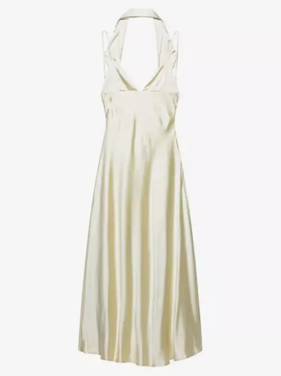 Creamy White Halter Neck Satin Maxi Dress For Women Elegant Formal Style