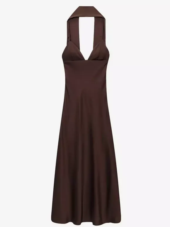 Creamy White Halter Neck Satin Maxi Dress For Women Elegant Formal Style