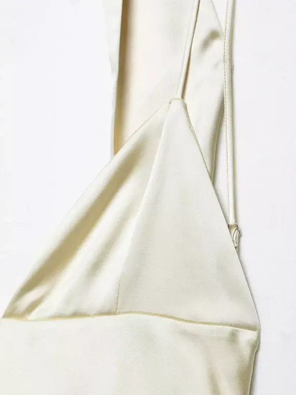 Creamy White Halter Neck Satin Maxi Dress For Women Elegant Formal Style