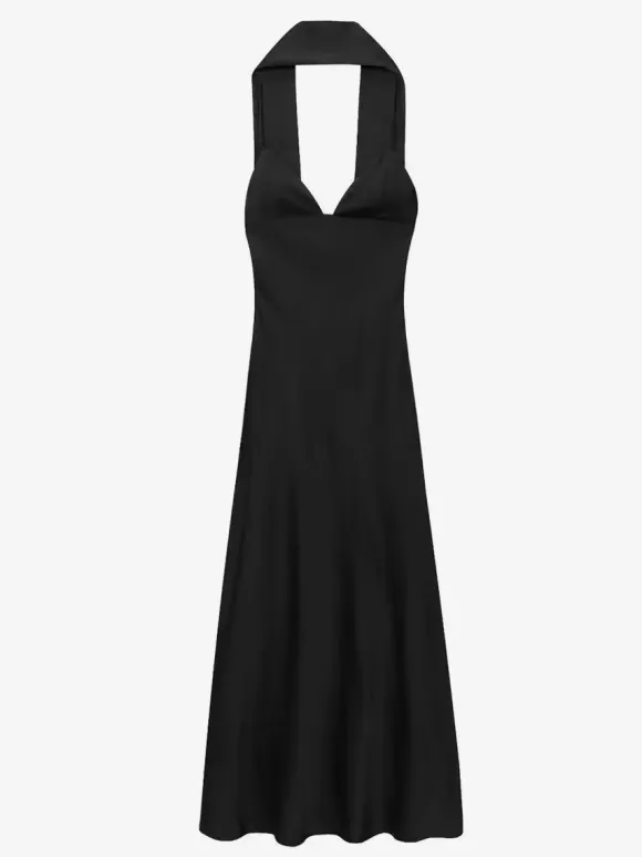 Creamy White Halter Neck Satin Maxi Dress For Women Elegant Formal Style