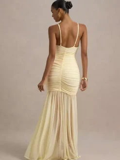 Creamy White V Neck Ruched Sheer Maxi Gown For Women Elegant Formal Style