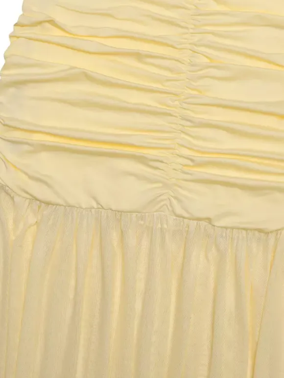 Creamy White V Neck Ruched Sheer Maxi Gown For Women Elegant Formal Style