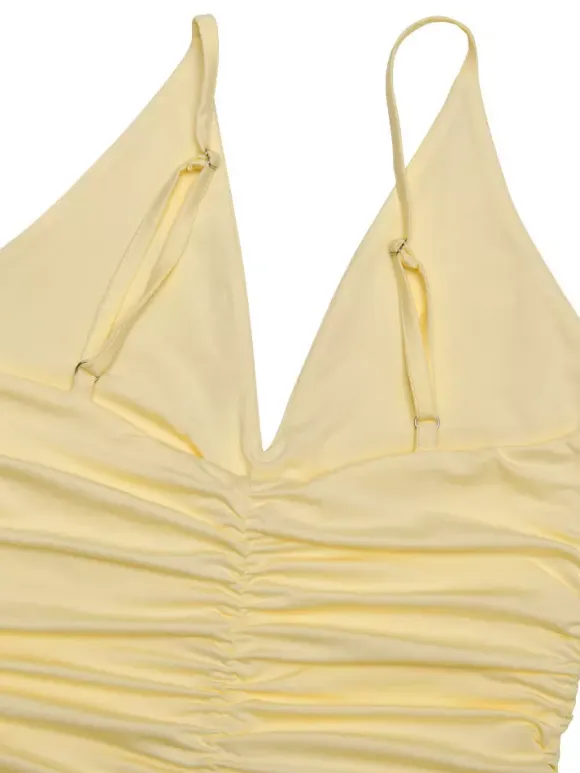Creamy White V Neck Ruched Sheer Maxi Gown For Women Elegant Formal Style