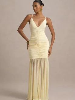 Creamy White V Neck Ruched Sheer Maxi Gown For Women Elegant Formal Style