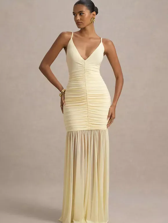 Creamy White V Neck Ruched Sheer Maxi Gown For Women Elegant Formal Style