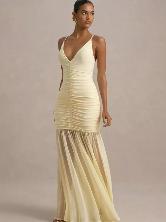 Creamy White V Neck Ruched Sheer Maxi Gown For Women Elegant Formal Style