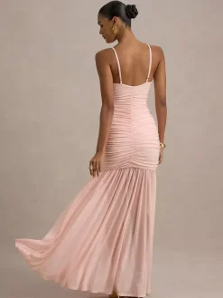 Creamy White V Neck Ruched Sheer Maxi Gown For Women Elegant Formal Style