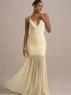 Creamy White V Neck Ruched Sheer Maxi Gown For Women Elegant Formal Style