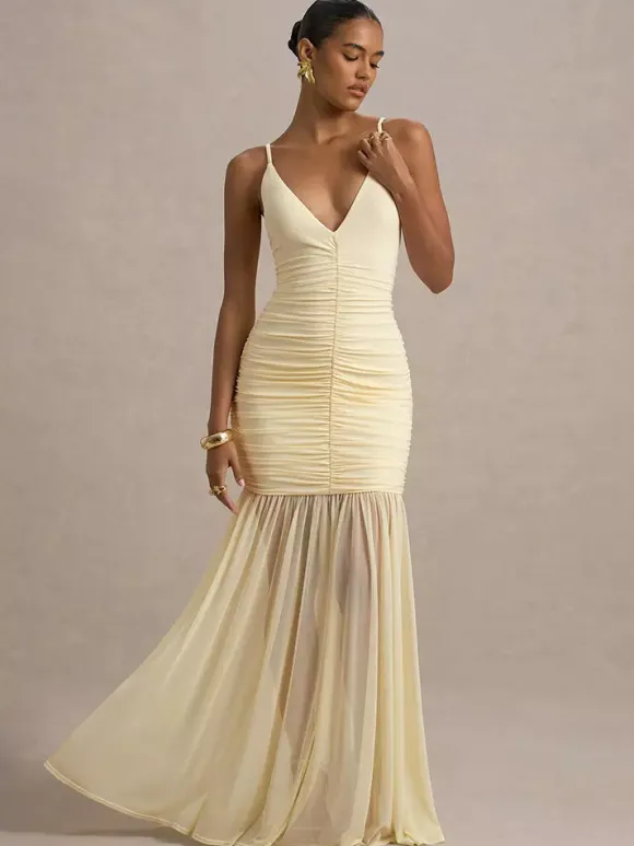Creamy White V Neck Ruched Sheer Maxi Gown For Women Elegant Formal Style