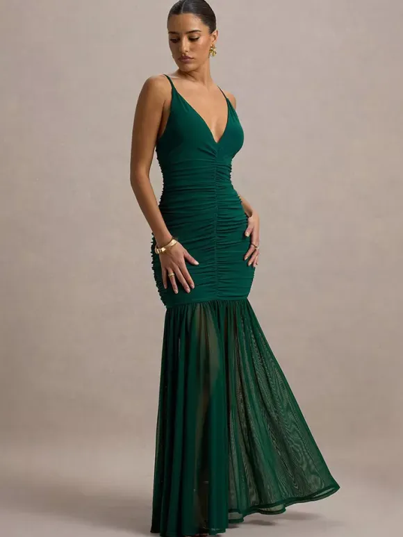 Creamy White V Neck Ruched Sheer Maxi Gown For Women Elegant Formal Style