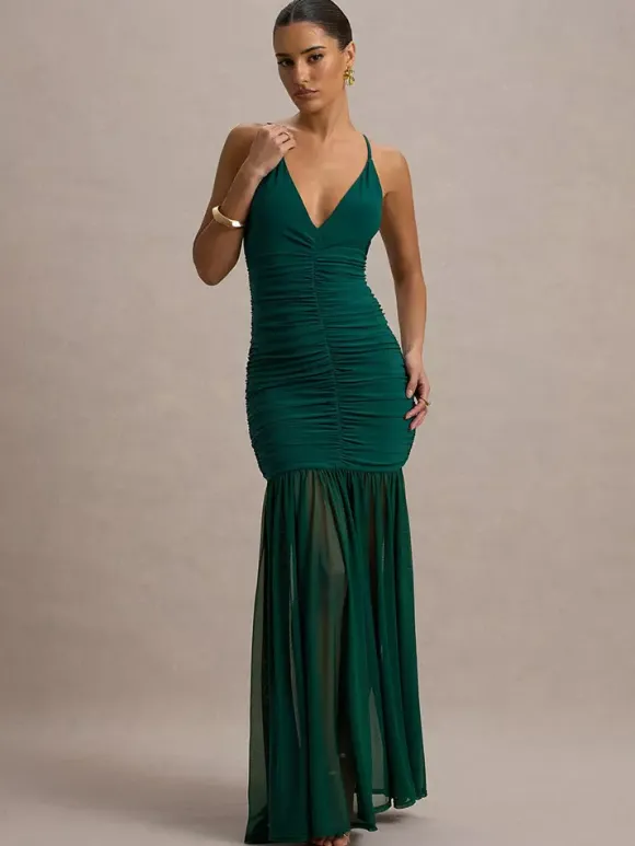 Creamy White V Neck Ruched Sheer Maxi Gown For Women Elegant Formal Style