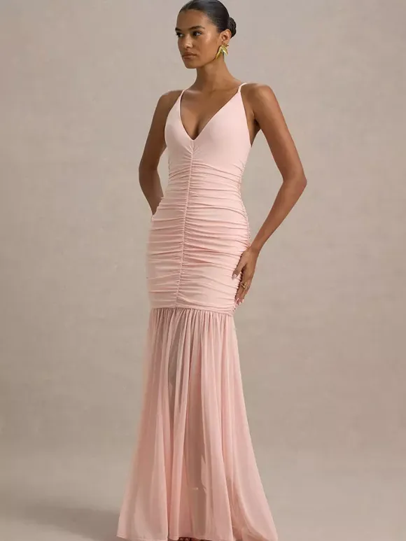 Creamy White V Neck Ruched Sheer Maxi Gown For Women Elegant Formal Style