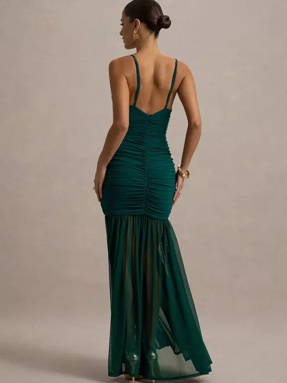 Creamy White V Neck Ruched Sheer Maxi Gown For Women Elegant Formal Style