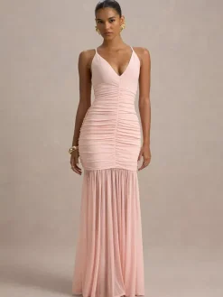 Creamy White V Neck Ruched Sheer Maxi Gown For Women Elegant Formal Style