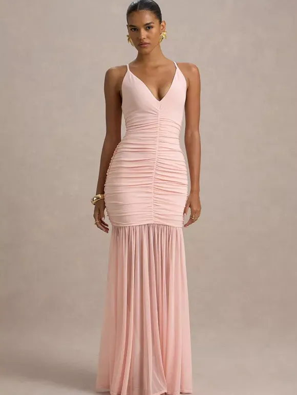 Creamy White V Neck Ruched Sheer Maxi Gown For Women Elegant Formal Style