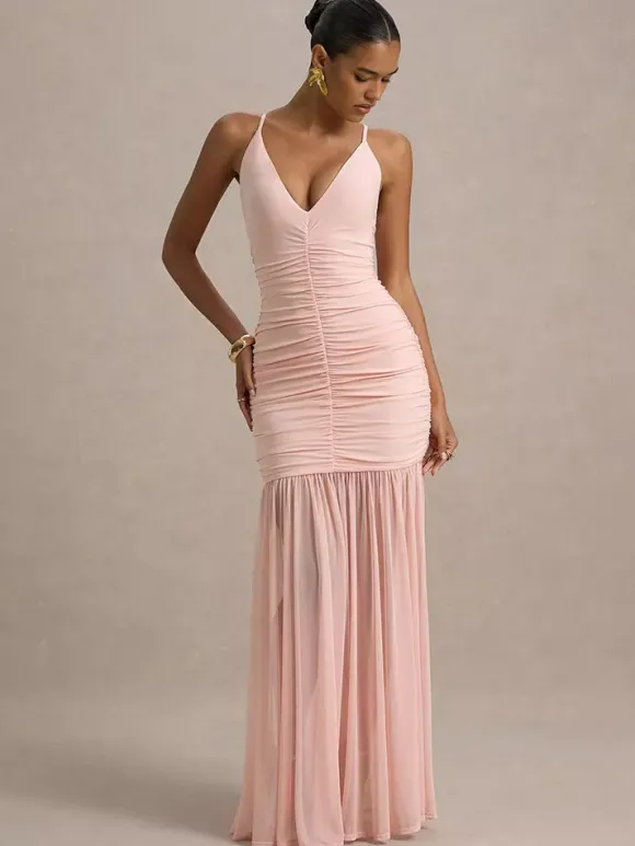 Creamy White V Neck Ruched Sheer Maxi Gown For Women Elegant Formal Style