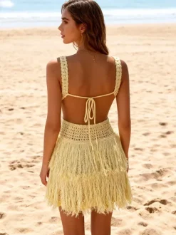 Creamy Yellow Crochet Fringe Cami Mini Dress For Women Boho Beach Style