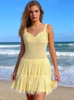 Creamy Yellow Crochet Fringe Cami Mini Dress For Women Boho Beach Style