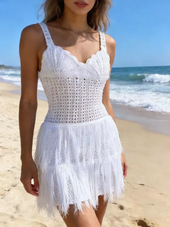 Creamy Yellow Crochet Fringe Cami Mini Dress For Women Boho Beach Style
