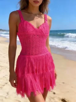 Creamy Yellow Crochet Fringe Cami Mini Dress For Women Boho Beach Style