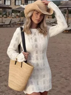 Crochet Knit Beach Mini Dress For Women - White Hollow Out Long Sleeve Pointelle Bodycon Cover Up - Summer Beach Vacation 2026