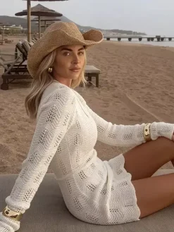 Crochet Knit Beach Mini Dress For Women - White Hollow Out Long Sleeve Pointelle Bodycon Cover Up - Summer Beach Vacation 2026