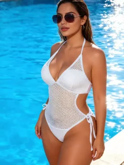 Crochet Mesh One Piece Swimsuit For Women - Halter Cut Out Side Tie Monokini Bathing Suit - Summer Pool Party 2026