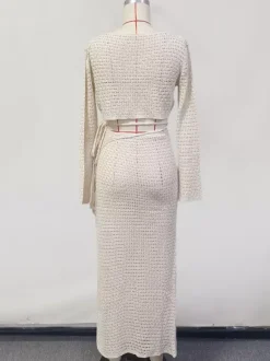Crochet Two Piece Co-ord Set Long Sleeves Crop Top And High-slit Skirt Beach Cover-up 2026