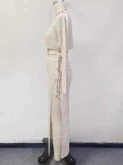 Crochet Two Piece Co-ord Set Long Sleeves Crop Top And High-slit Skirt Beach Cover-up 2026